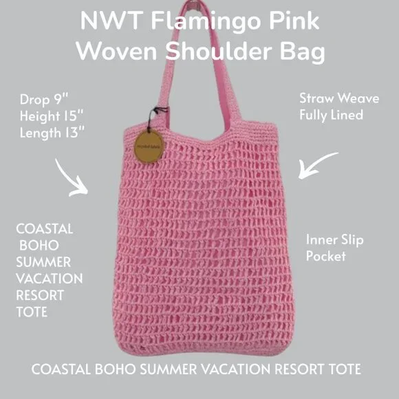 NWT Flamingo Pink Woven Shoulder Tote Coastal Boho Summer Bag - Picture 7 of 7